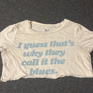 size small white with blue words cropped shirt